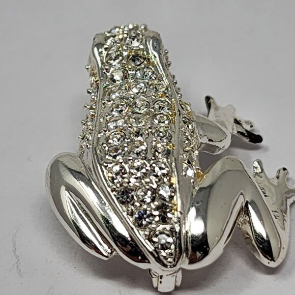 Roman Signed Clear Rhinestones Silver Tone Frog Brooch Pin Jewelry 1.25 Inches - Picture 6 of 7